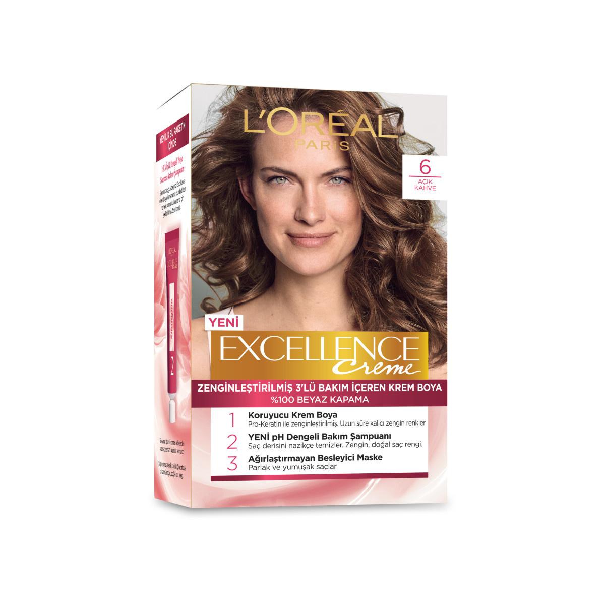 L'Oreal Paris Excellence Creme Hair Dye - 6 Light Brown: 100% Grey Coverage, Keratin & Ceramide for Rich, Long-Lasting Color