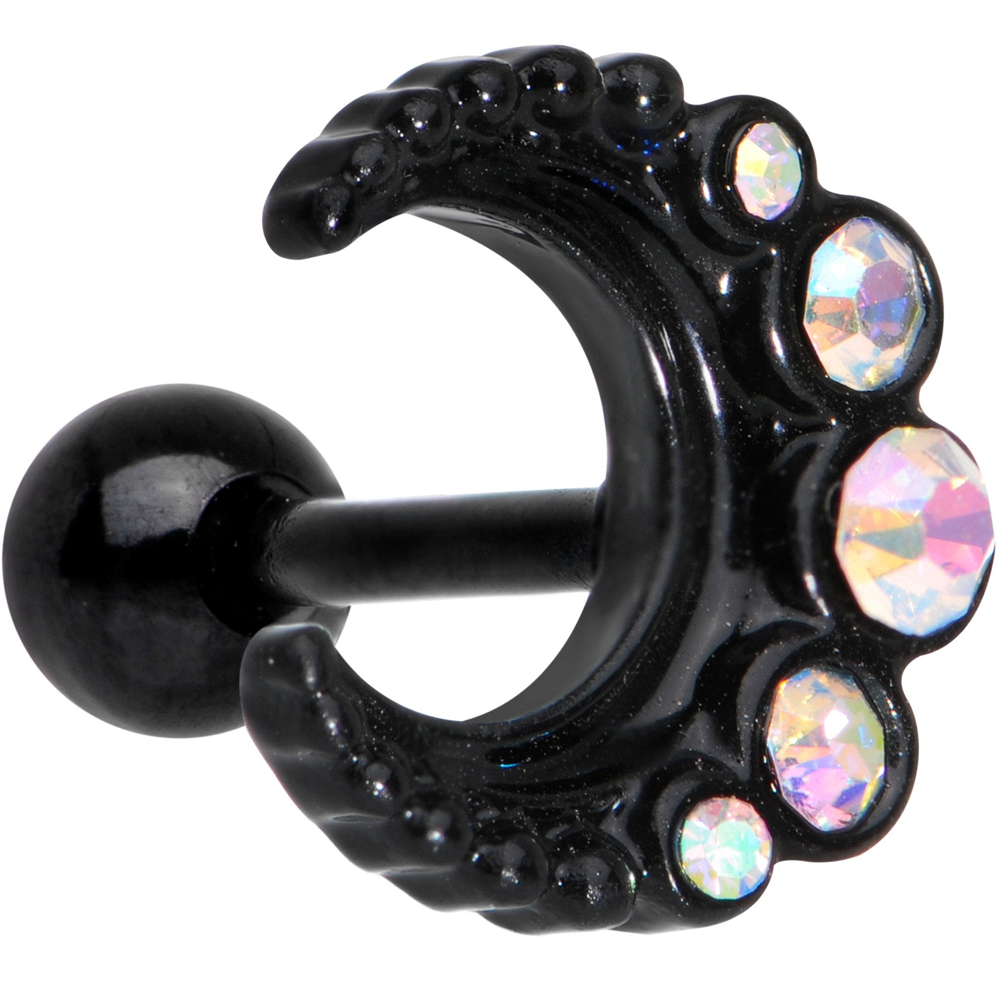 BodyCandy Auora Gem Encrusted Black Crescent Moon Stud Cartilage Earring — main product shot