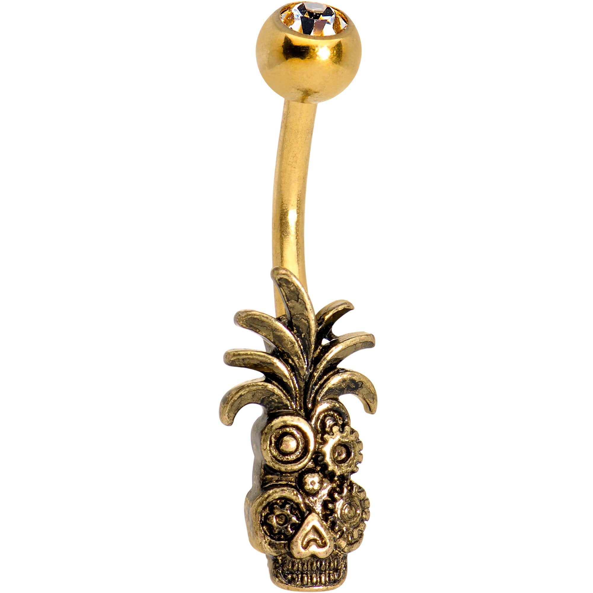 BodyCandy Clear Gem Gold PVD Steampunk Tiki Skull Headdress Belly Ring — main product shot