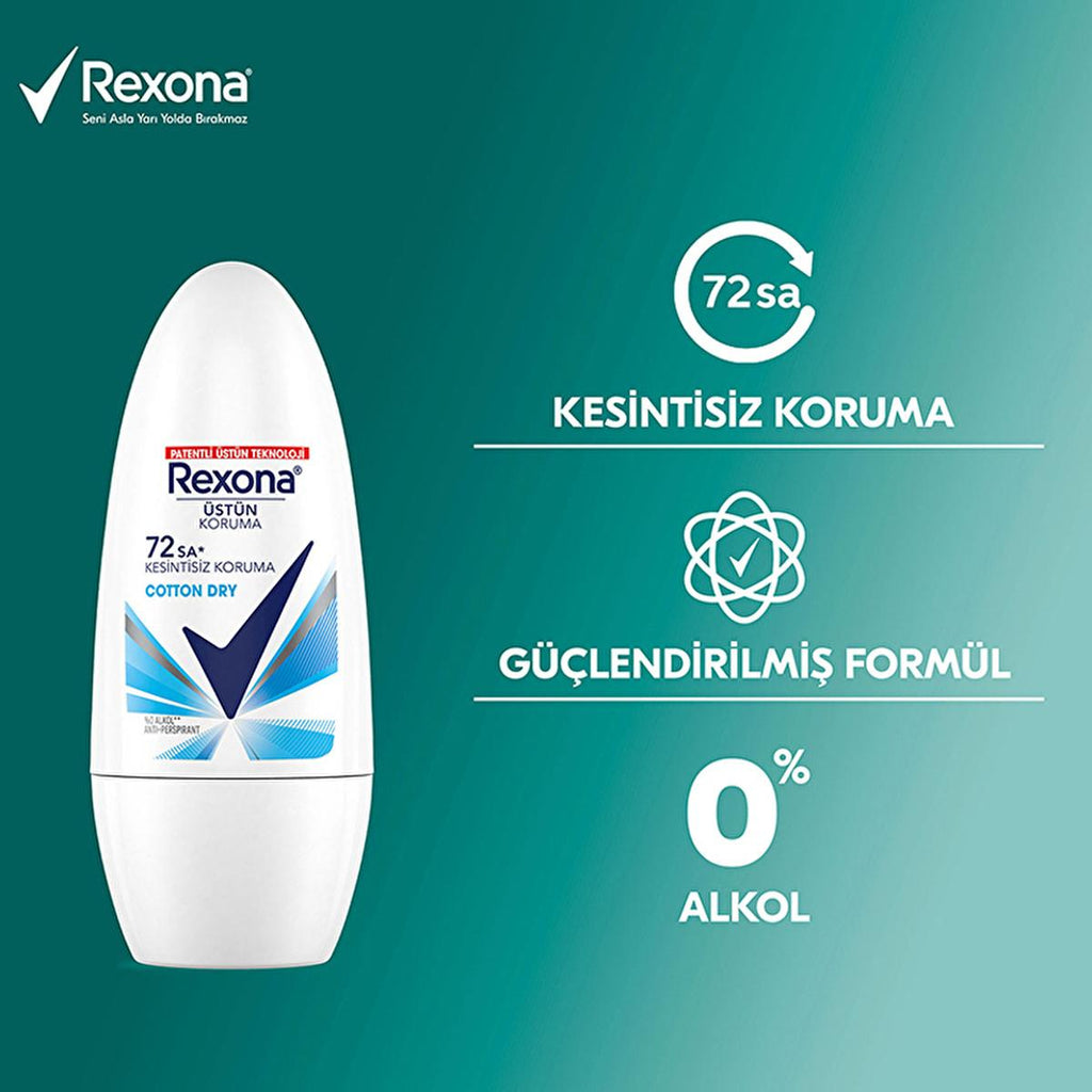 Rexona Cotton Dry Roll-On Deodorant for Women: 72-Hour Protection, Hypoallergenic, and Soft Cotton Extracts - Stay Fresh All Day.