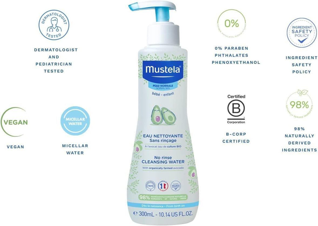 Mustela No-Rinse Baby Cleansing Water, 10.14 fl oz - Gentle, Natural, Vegan Formula for Sensitive Skin