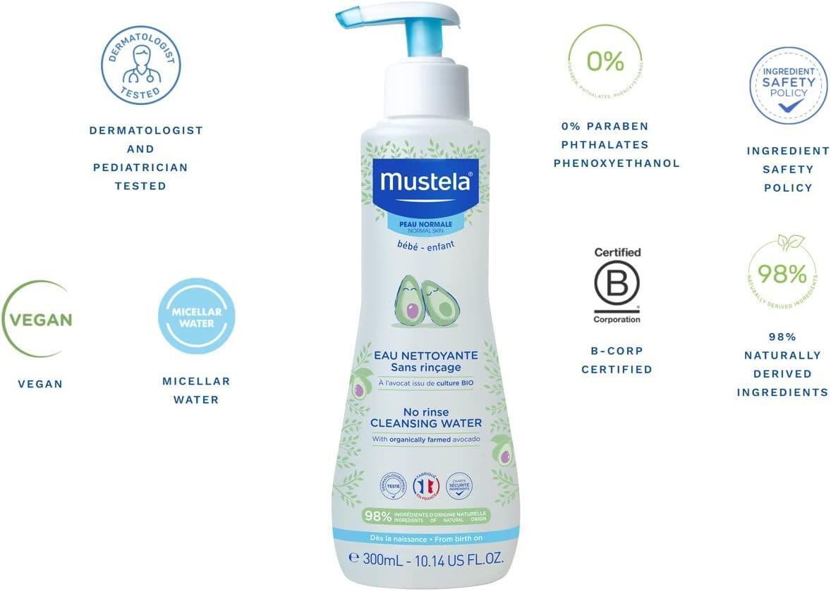 Mustela No-Rinse Baby Cleansing Water, 10.14 fl oz - Gentle, Natural, Vegan Formula for Sensitive Skin