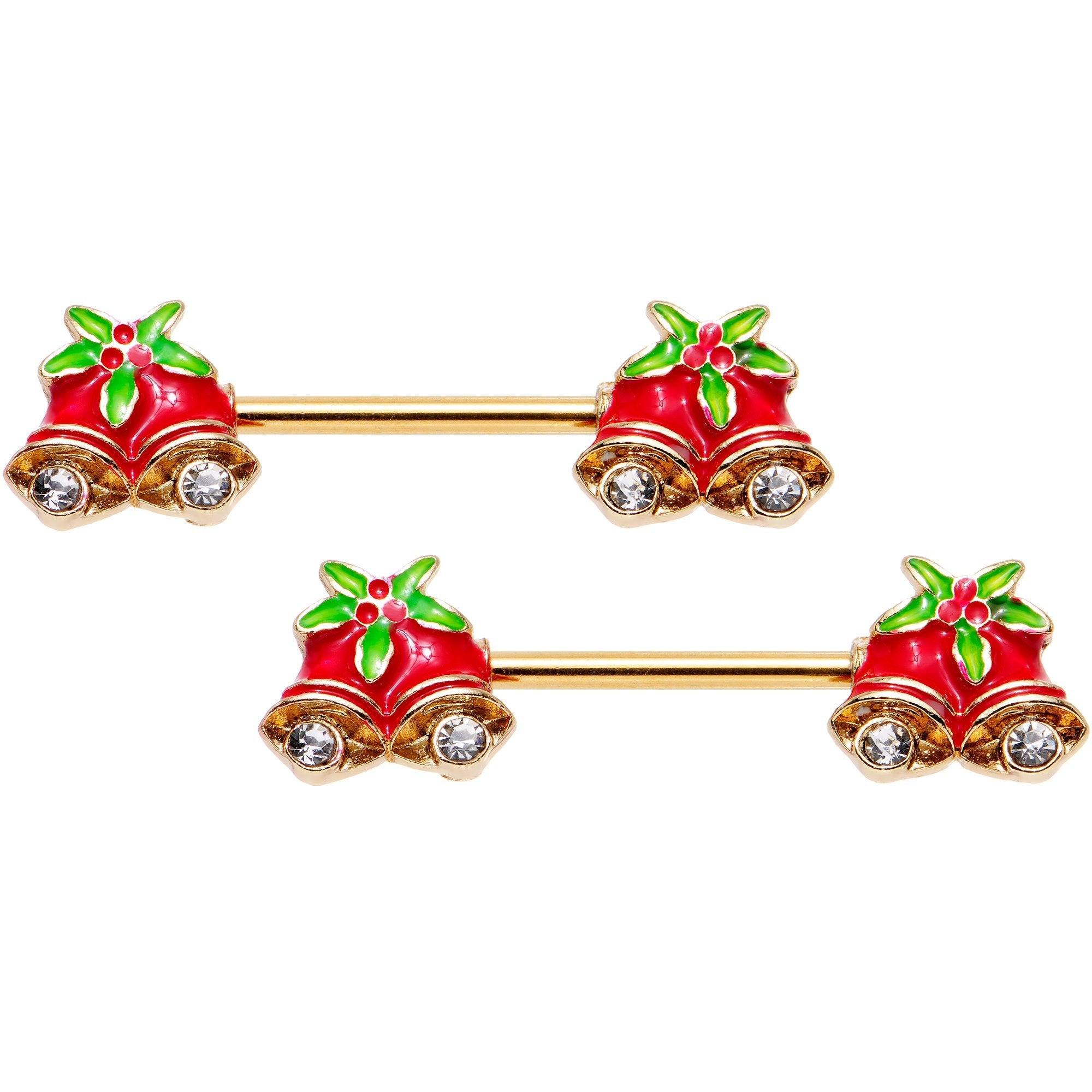 BodyCandy 9/16 Clear Gem Gold PVD Red Christmas Bells Barbell Nipple Ring Set — main product shot