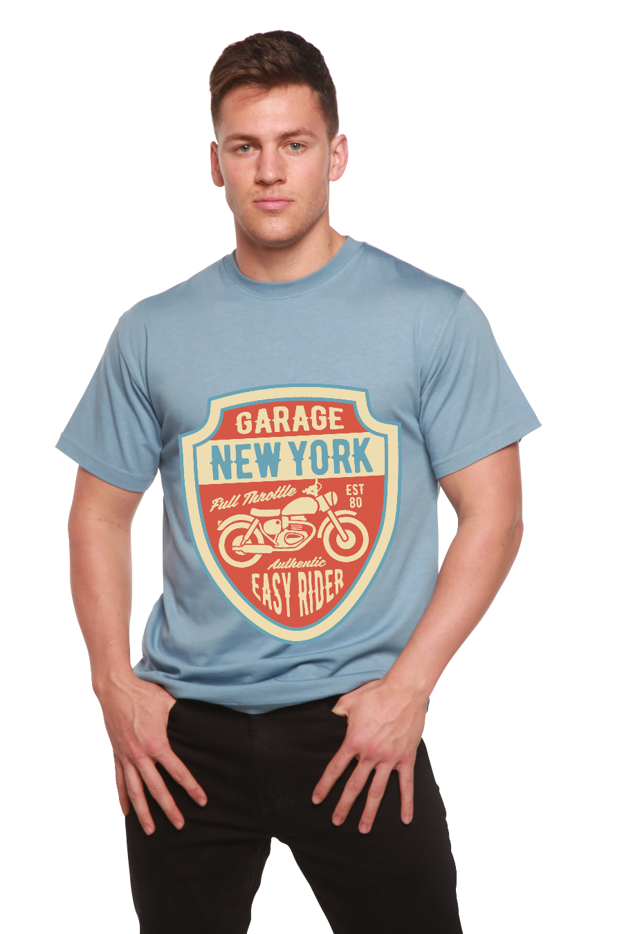 Spun Bamboo Garage New York Men's Bamboo Viscose/Organic Cotton Short Sleeve Graphic T-Shirt — product on model
