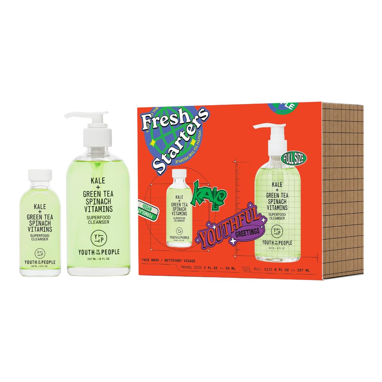 Fresh Starters Vegan Skincare Cleanser Set with Kale & Green Tea - Travel & Full Size