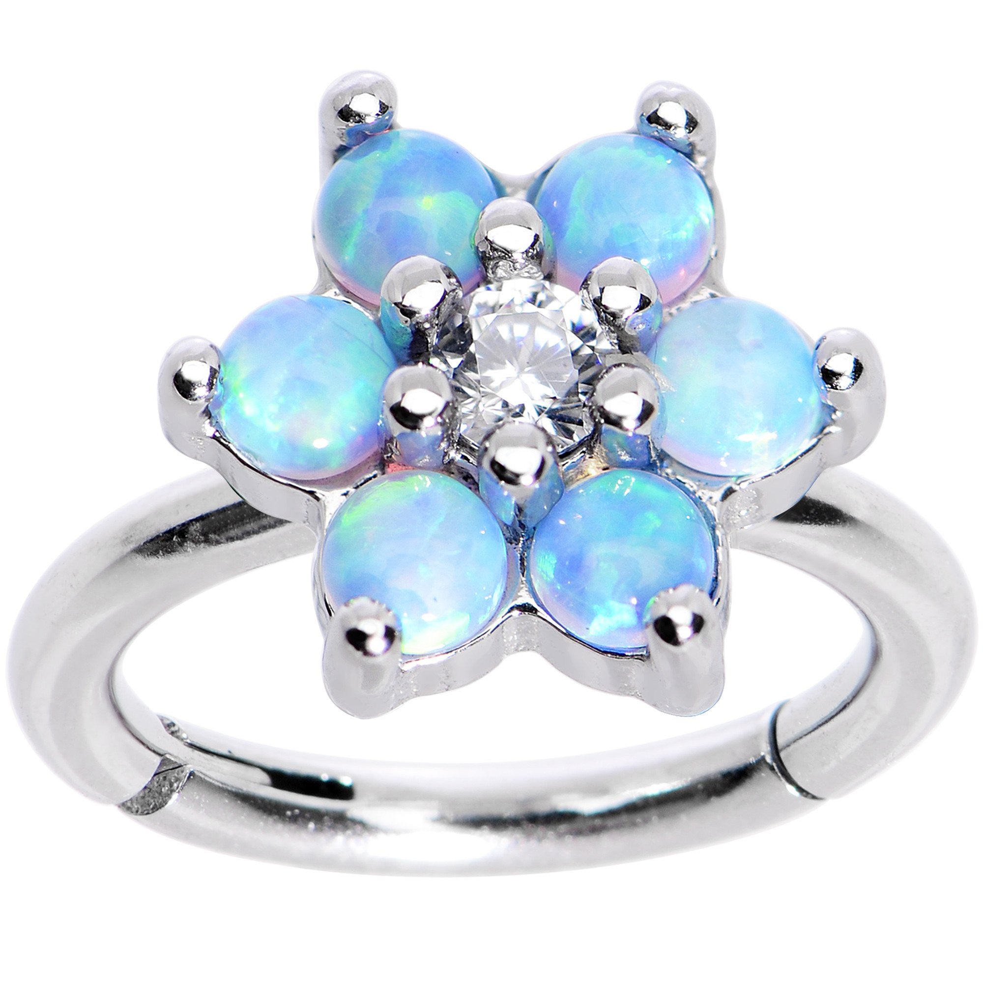 BodyCandy 16G 5/16 Clear CZ Gem Blue Faux Opal Hinged Segment Ring — Blue detail