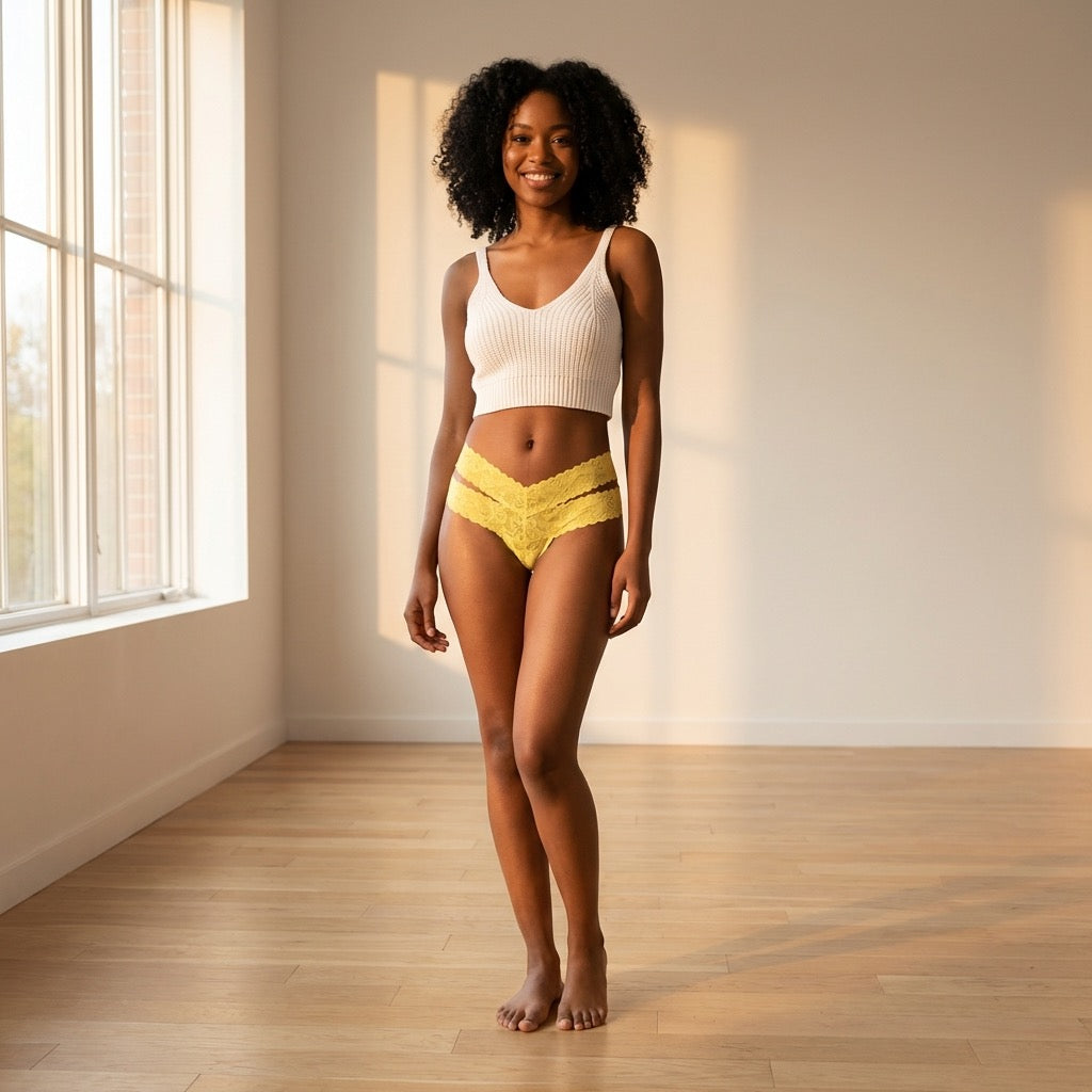 Love Libby Panties Yellow All Lace Thong with Double Bands — construction detail