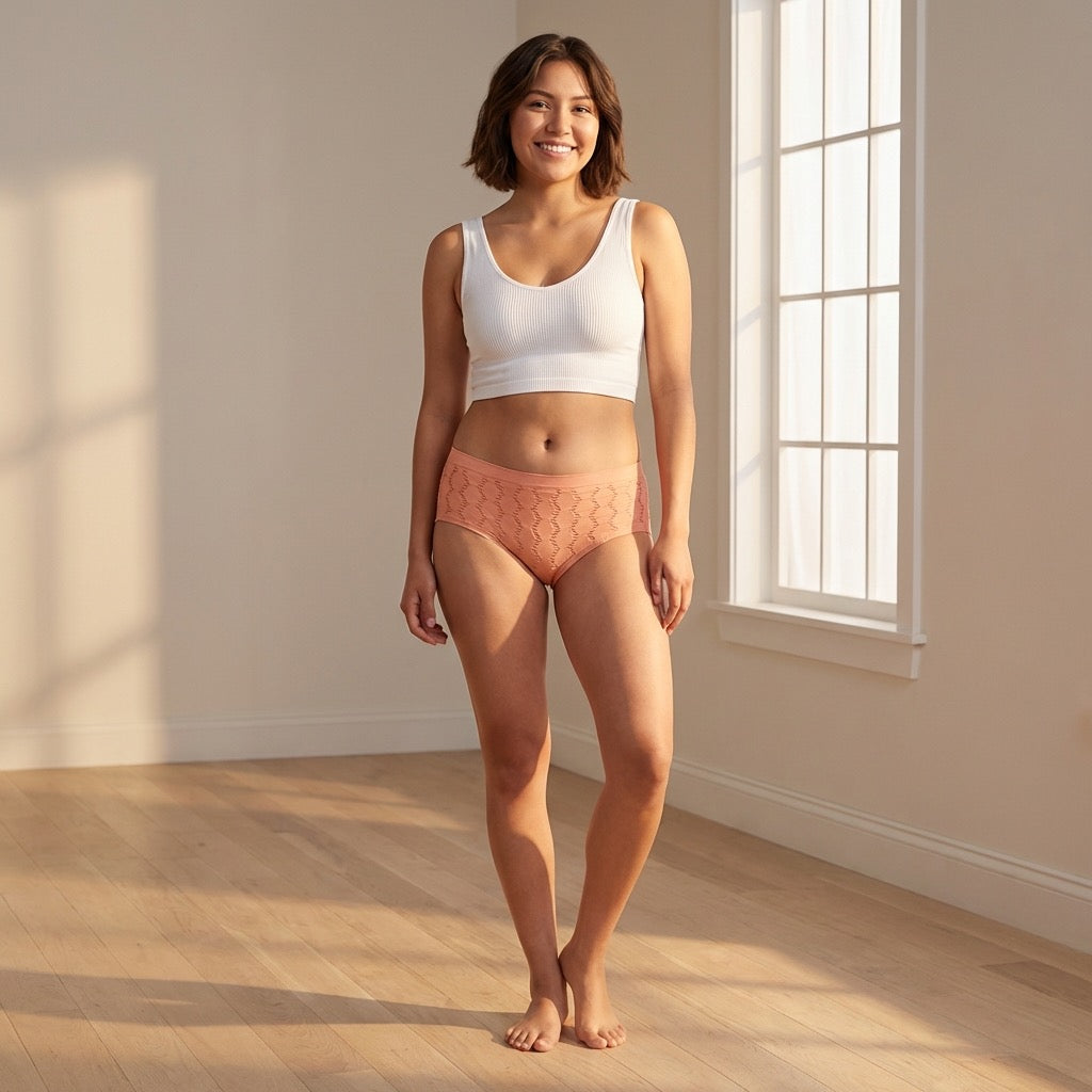 Love Libby Panties Peek-A-Boo Jacquard Seamless Boyshort in Black or Peach — detail close-up