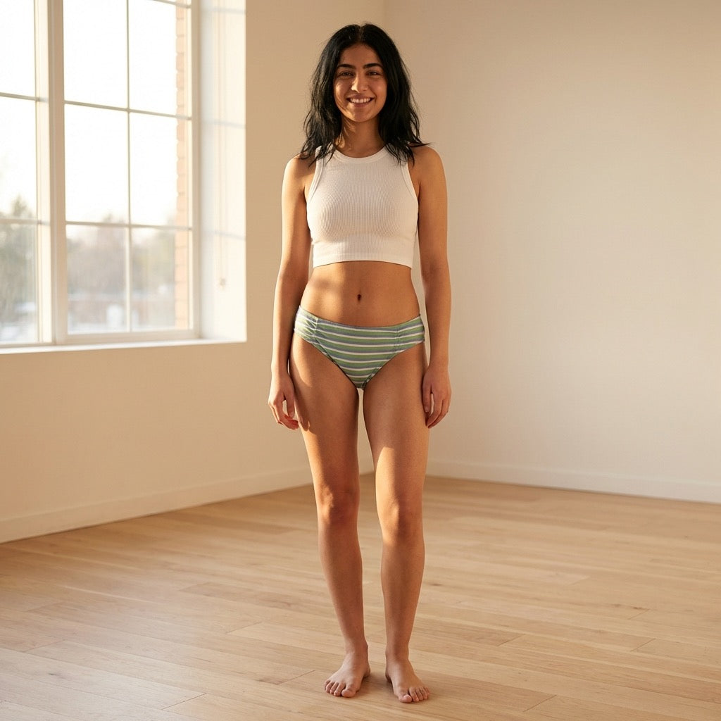 Love Libby Panties Blue and Green Striped Modal Bikini with Ruching — detail close-up