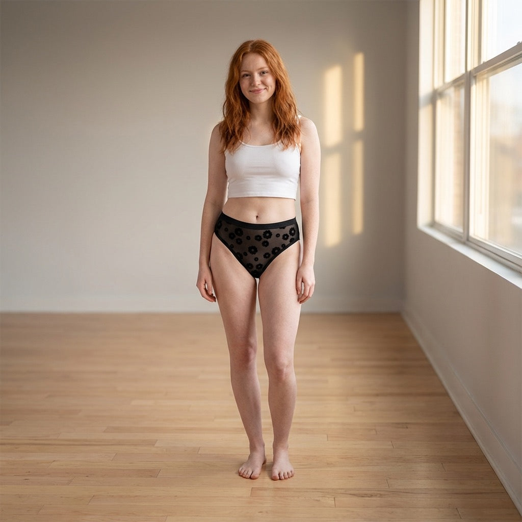 Love Libby Panties Black Daisy Flocked Mesh High Waist Bikini — Black detail