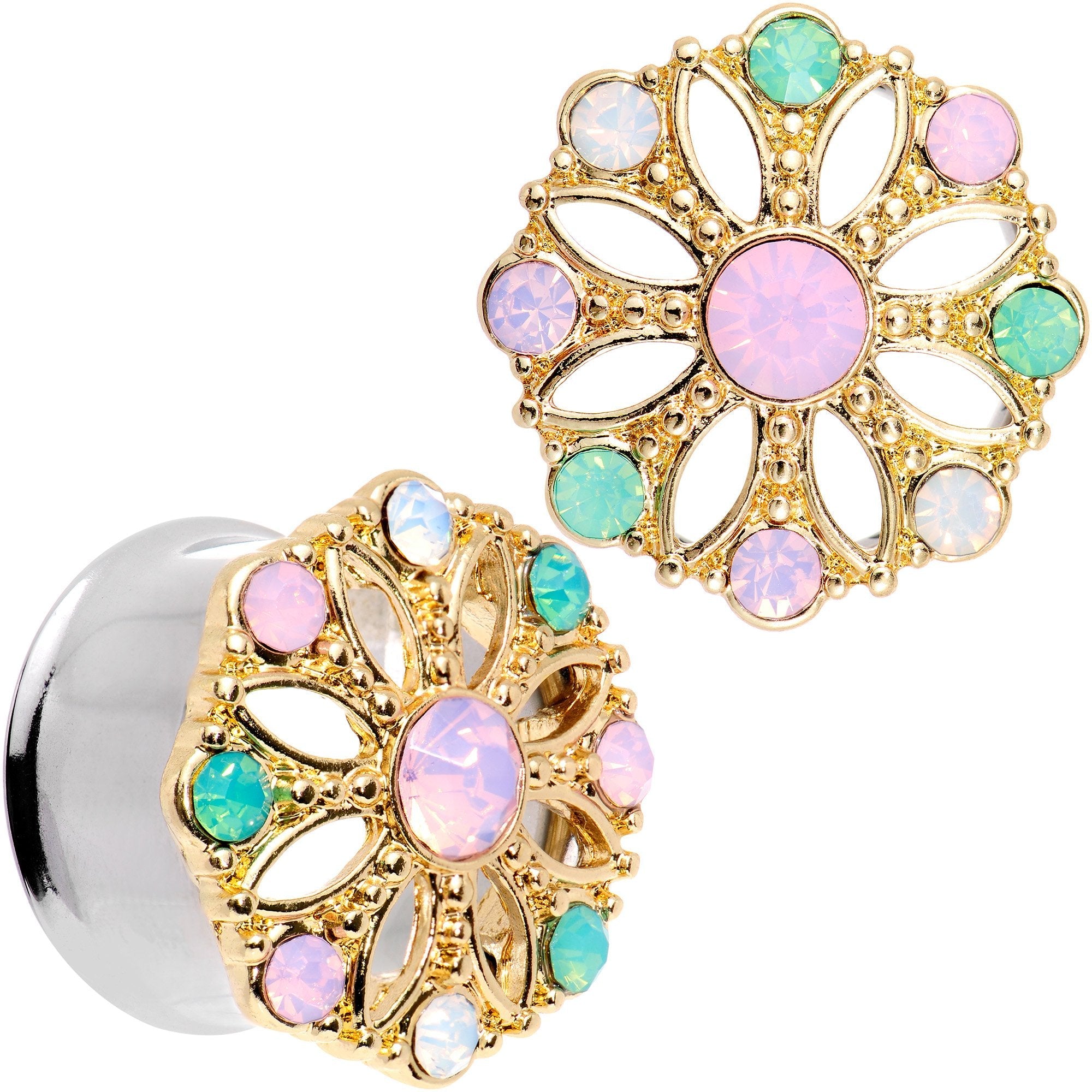 BodyCandy Pink Green White Gem Glam Flower Double Flare Tunnel Plug Set — packaging