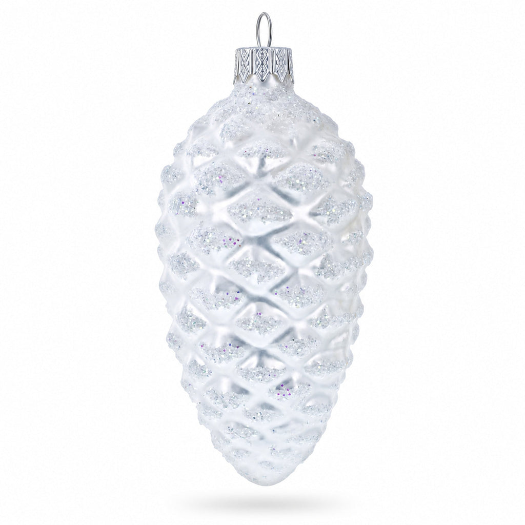 Woodland Retro Style White Pinecone Glass Christmas Ornament