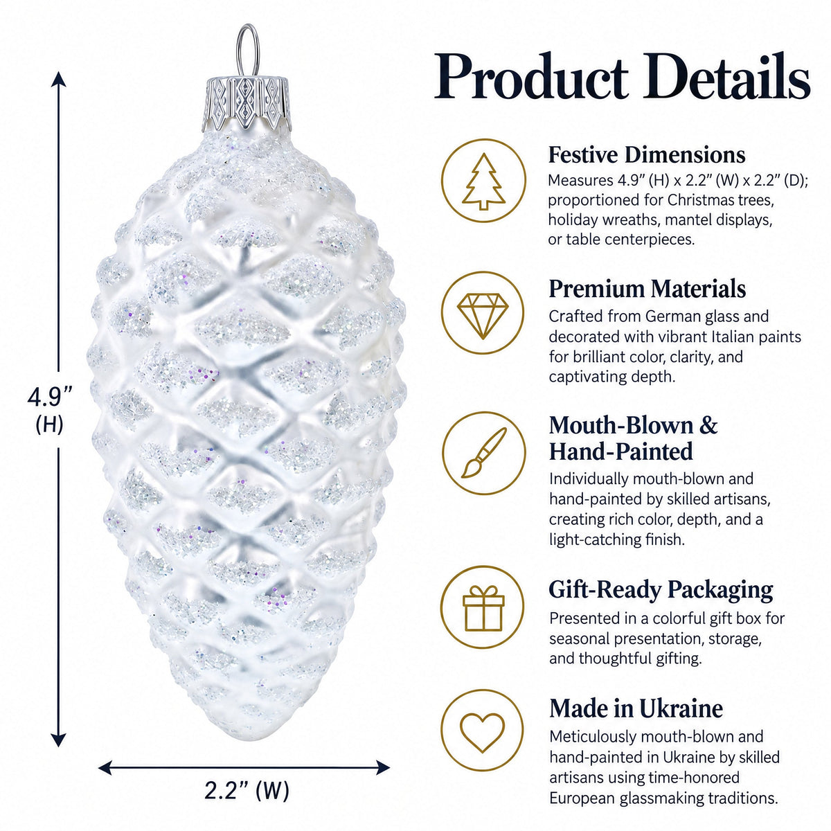Woodland Retro Style White Pinecone Glass Christmas Ornament