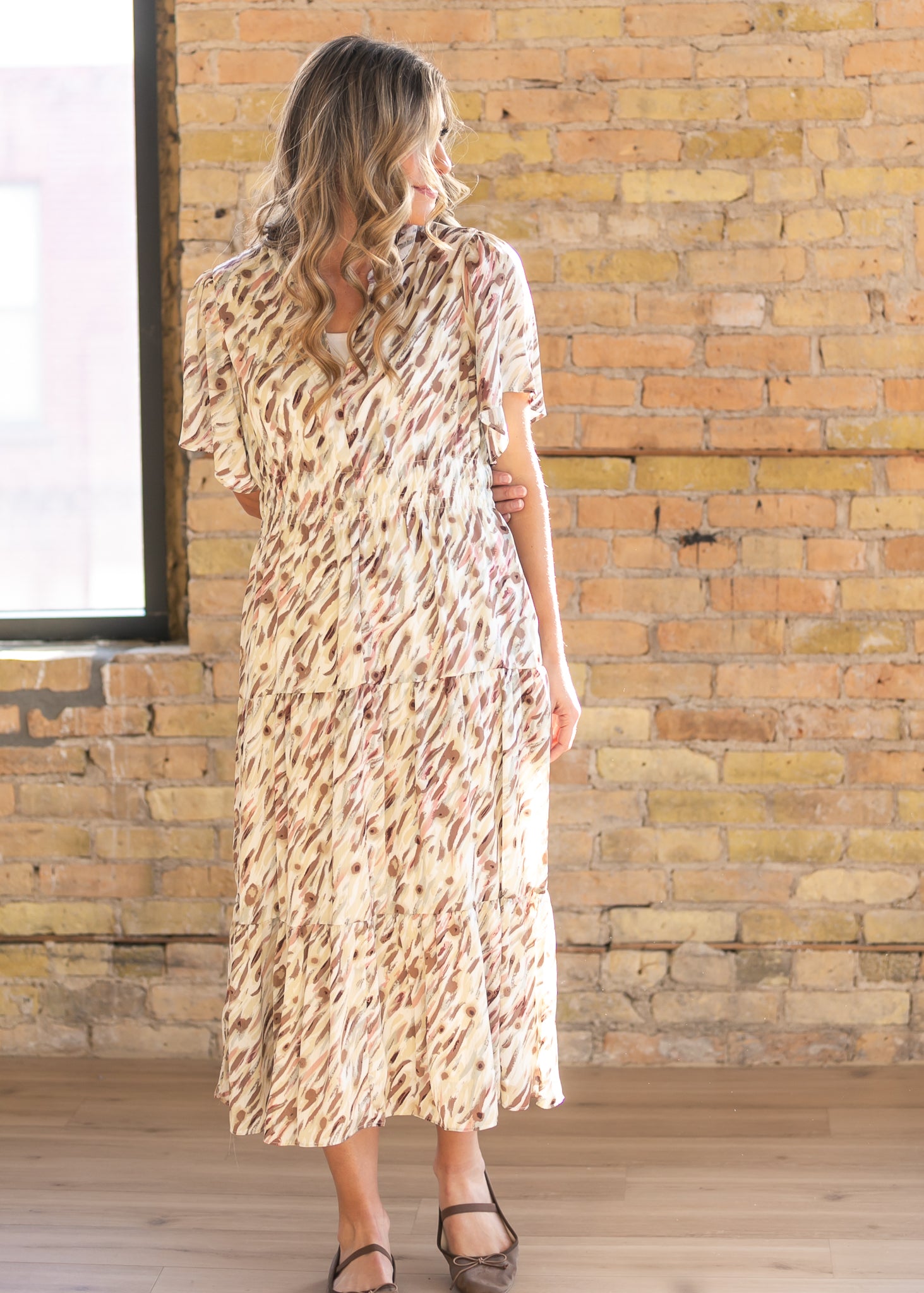 Inherit Co. Gina Pink Abstract Short Sleeve Midi Dress - FINAL SALE — detail close-up