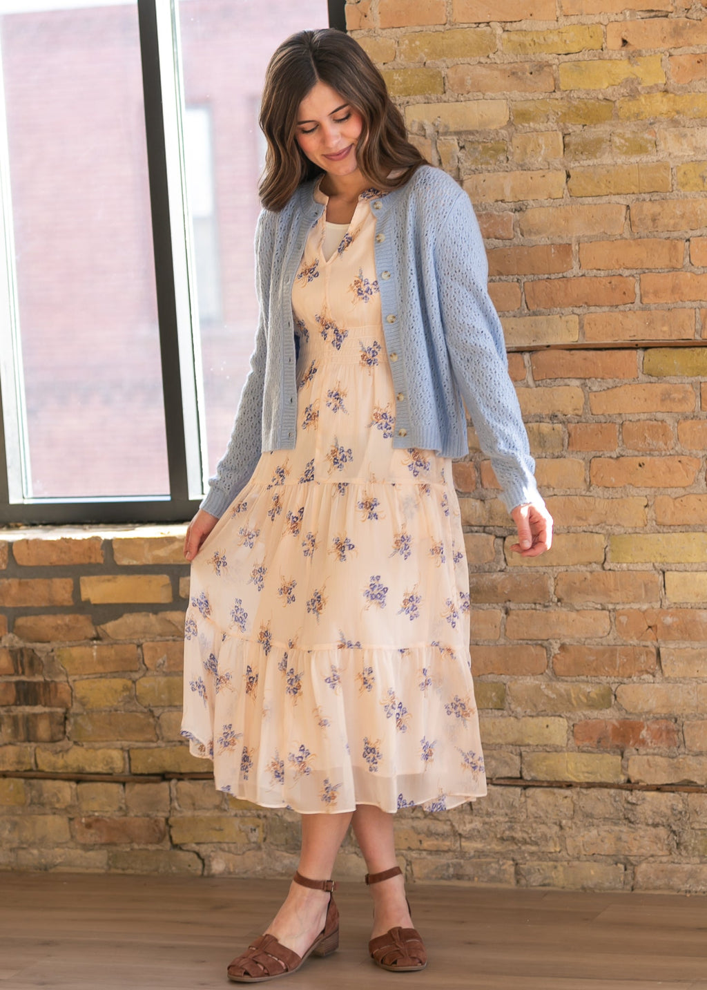 Inherit Co. Gina Pink Floral Short Sleeve Tiered Midi Dress — detail close-up