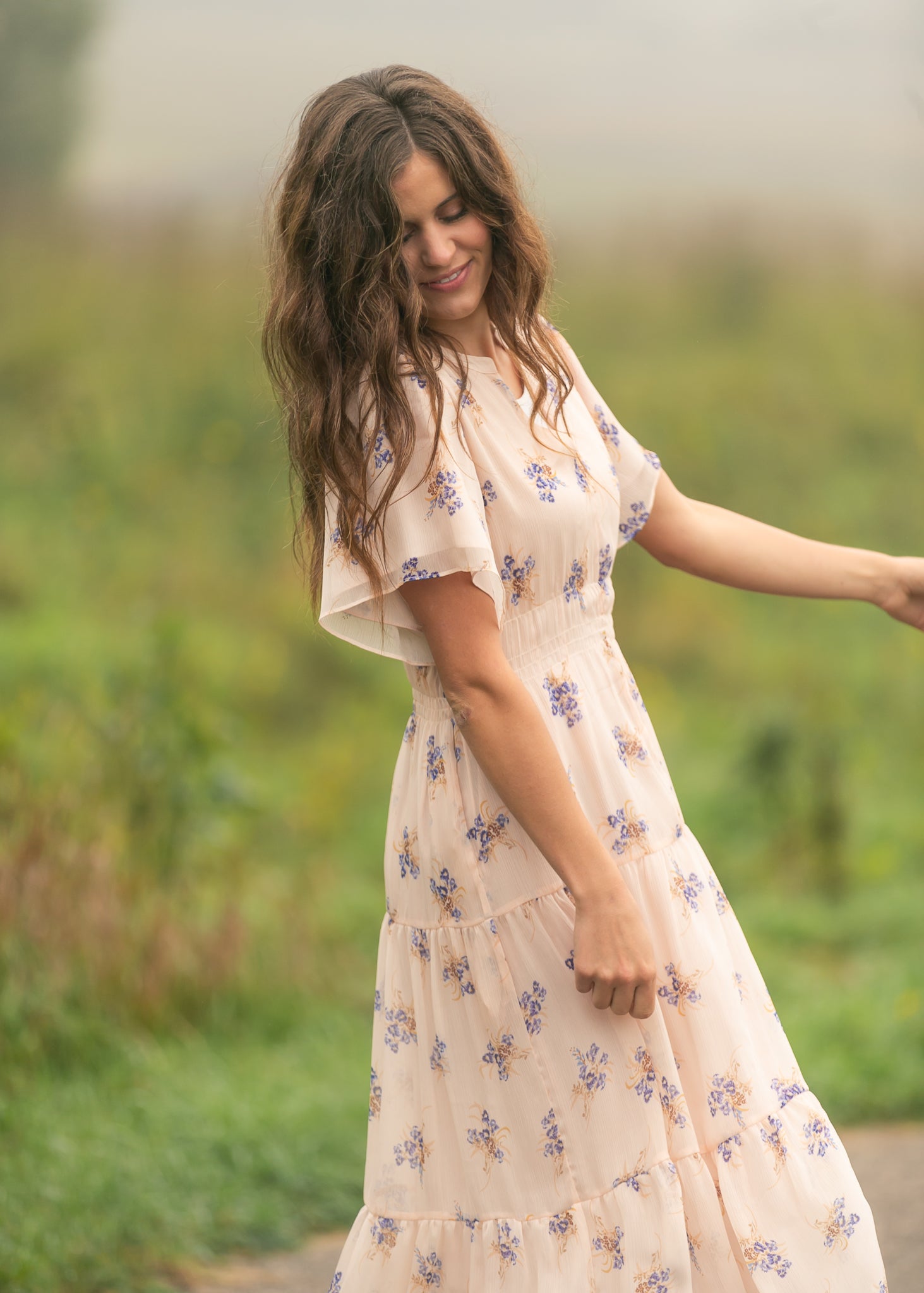 Inherit Co. Gina Pink Floral Short Sleeve Tiered Midi Dress — detail close-up