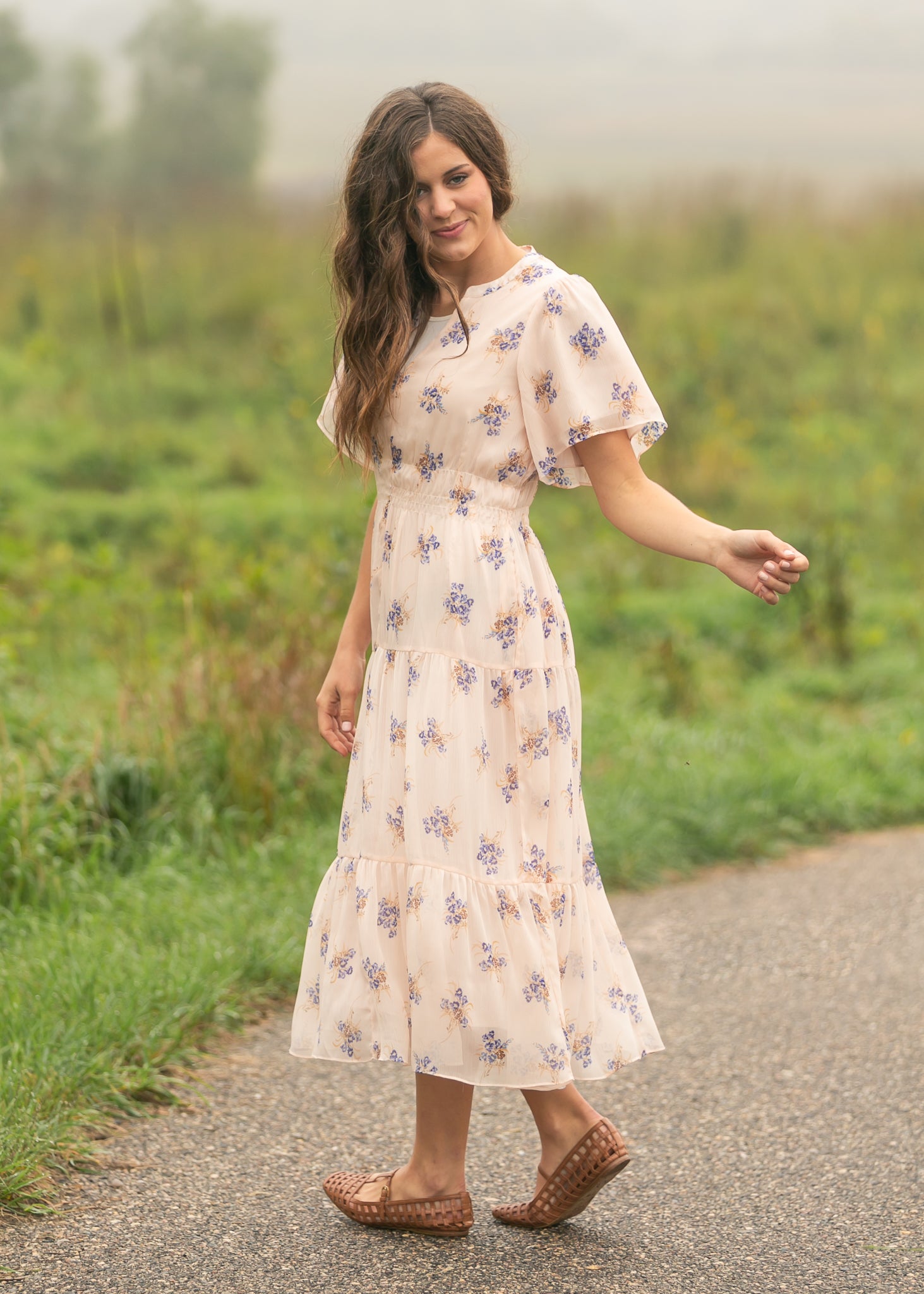 Inherit Co. Gina Pink Floral Short Sleeve Tiered Midi Dress — main product shot
