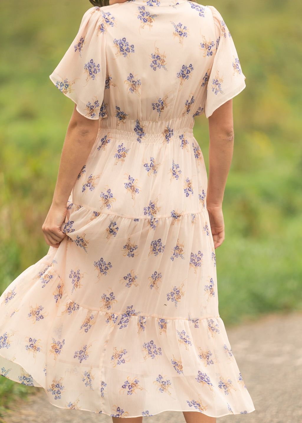 Inherit Co. Gina Pink Floral Short Sleeve Tiered Midi Dress — in-use photo