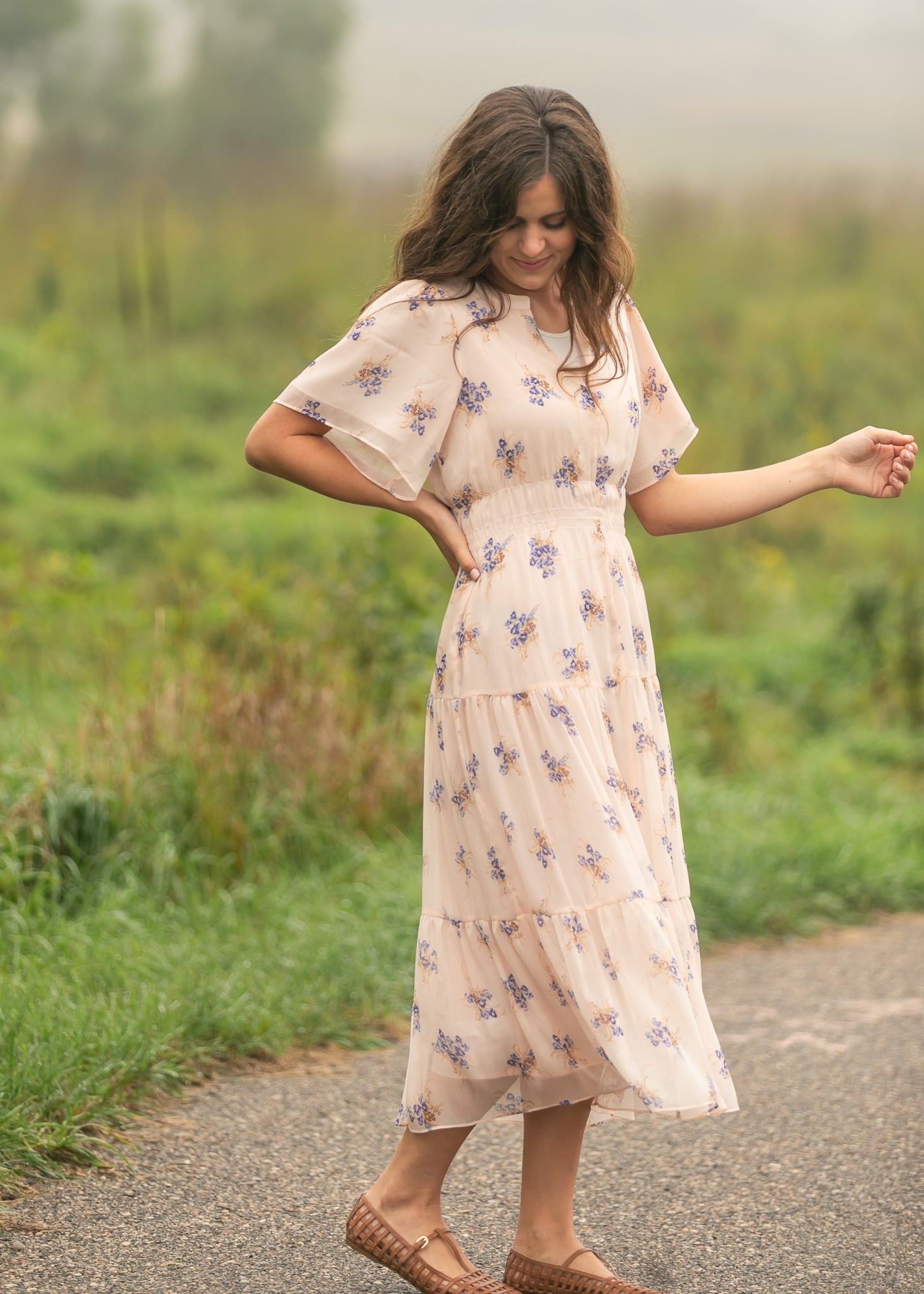 Inherit Co. Gina Pink Floral Short Sleeve Tiered Midi Dress — flat-lay composition
