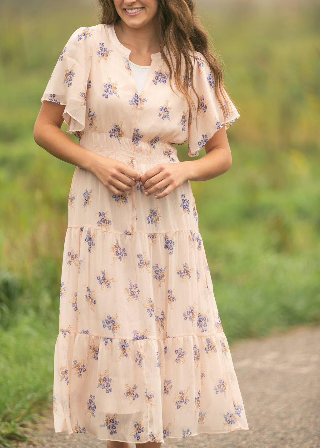 Inherit Co. Gina Pink Floral Short Sleeve Tiered Midi Dress — product on model