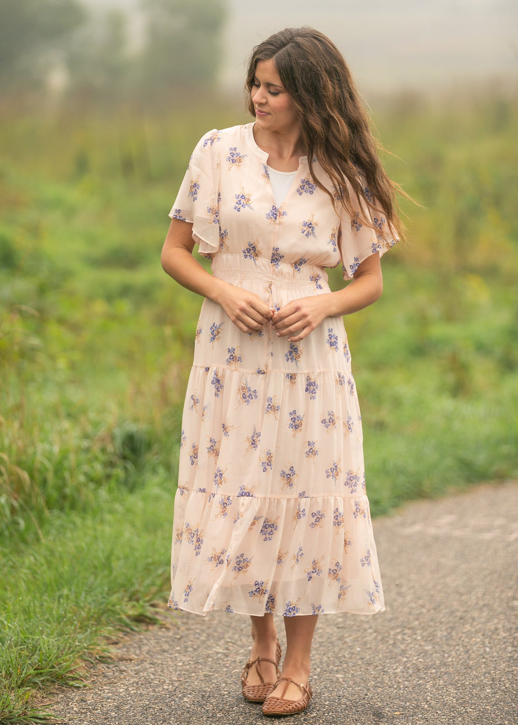 Inherit Co. Gina Pink Floral Short Sleeve Tiered Midi Dress — feature highlight