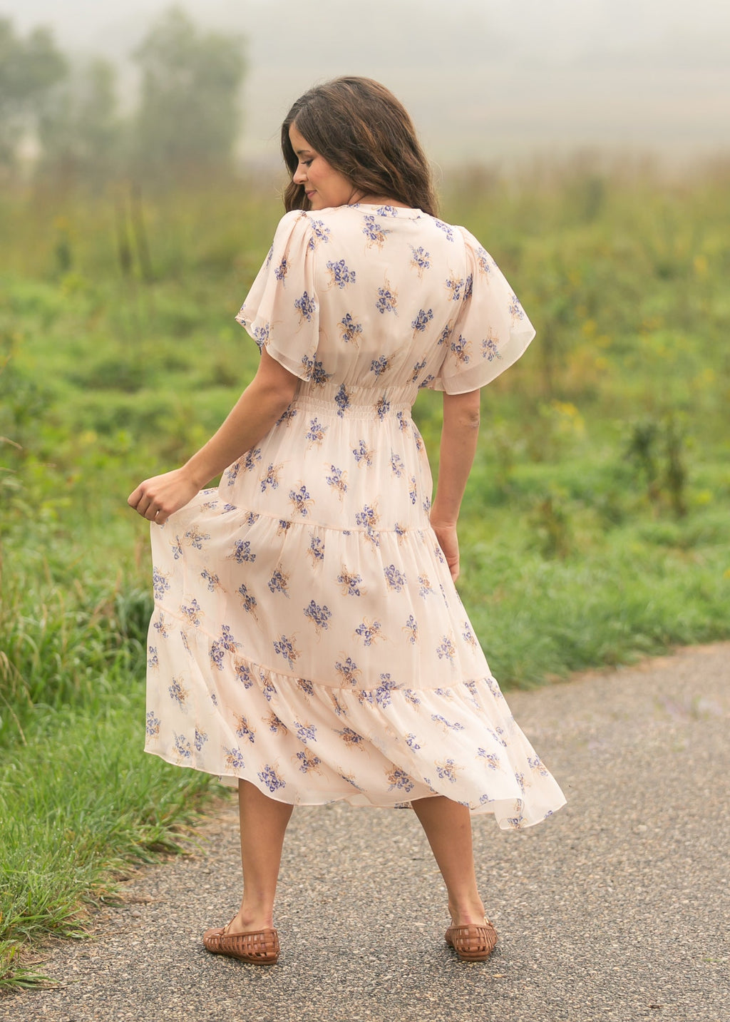 Inherit Co. Gina Pink Floral Short Sleeve Tiered Midi Dress — fabric or material detail