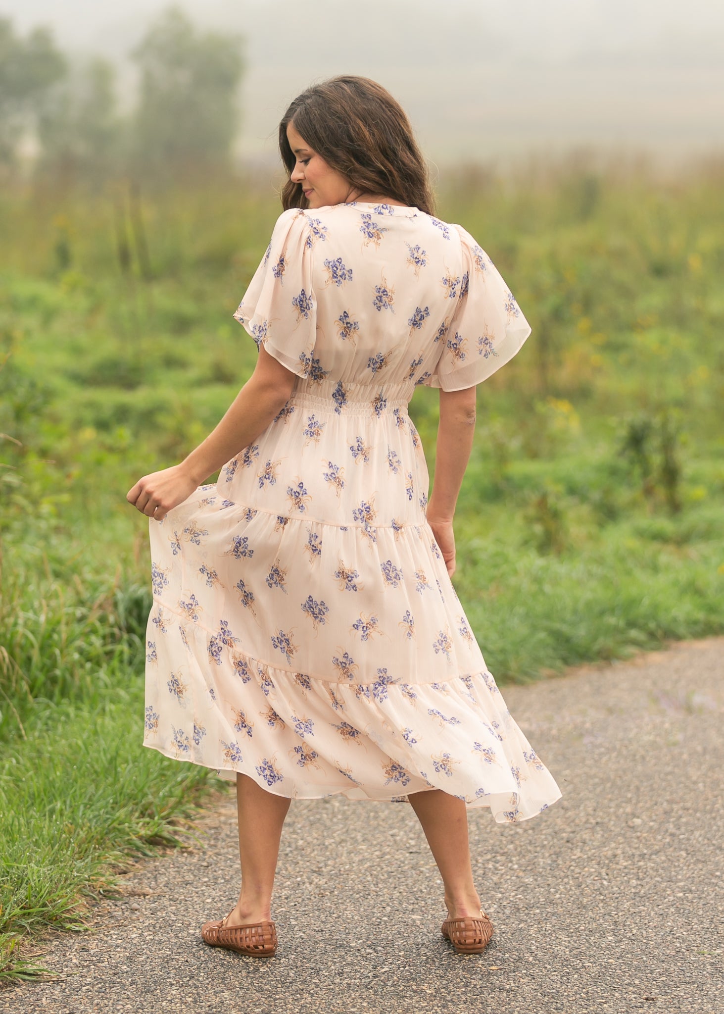 Inherit Co. Gina Pink Floral Short Sleeve Tiered Midi Dress — fabric or material detail