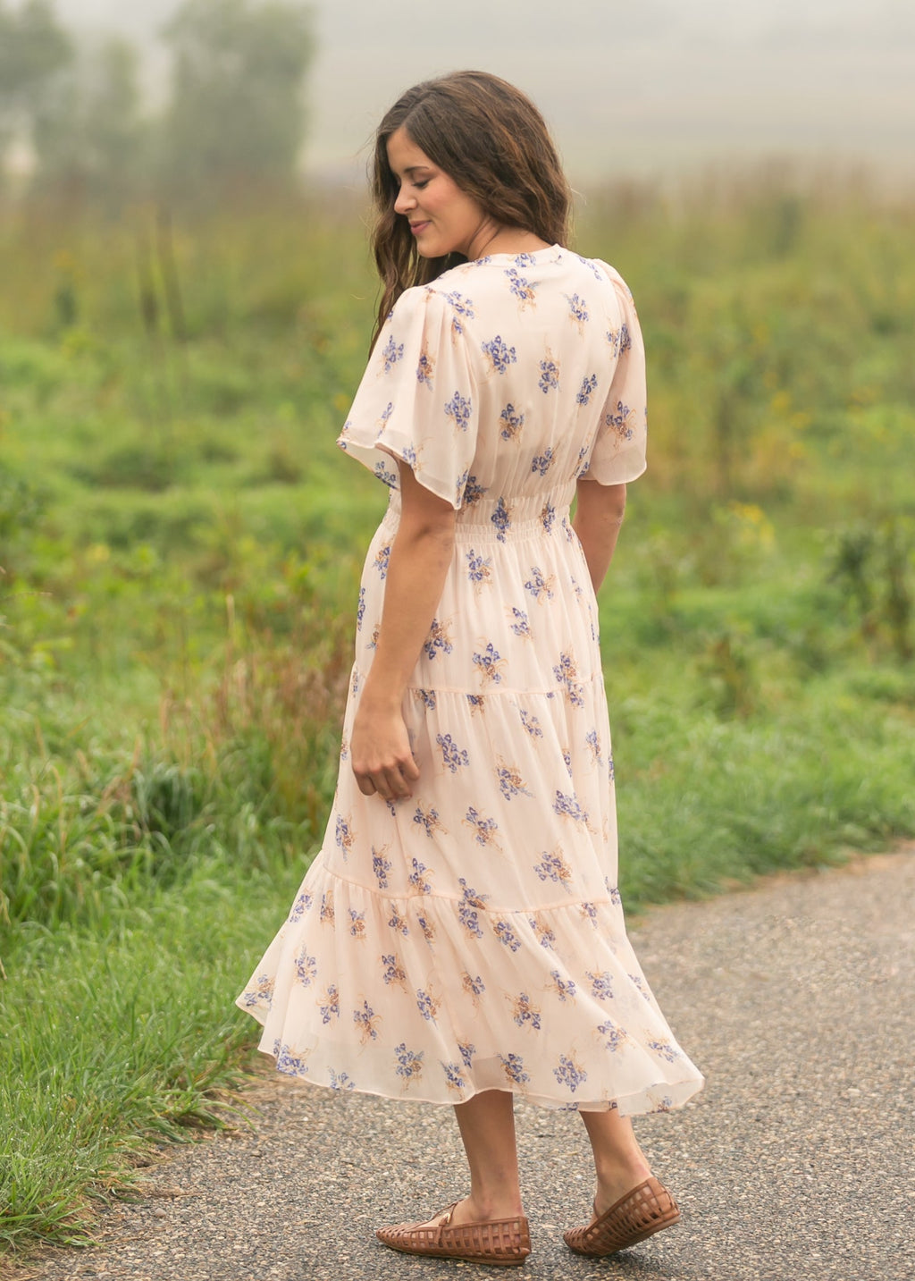Inherit Co. Gina Pink Floral Short Sleeve Tiered Midi Dress — comparison shot