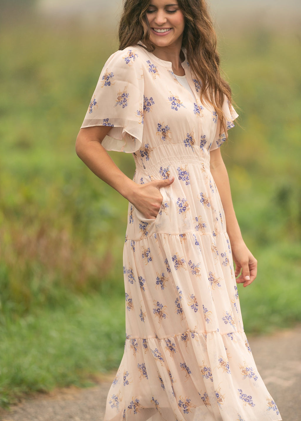 Inherit Co. Gina Pink Floral Short Sleeve Tiered Midi Dress — size reference