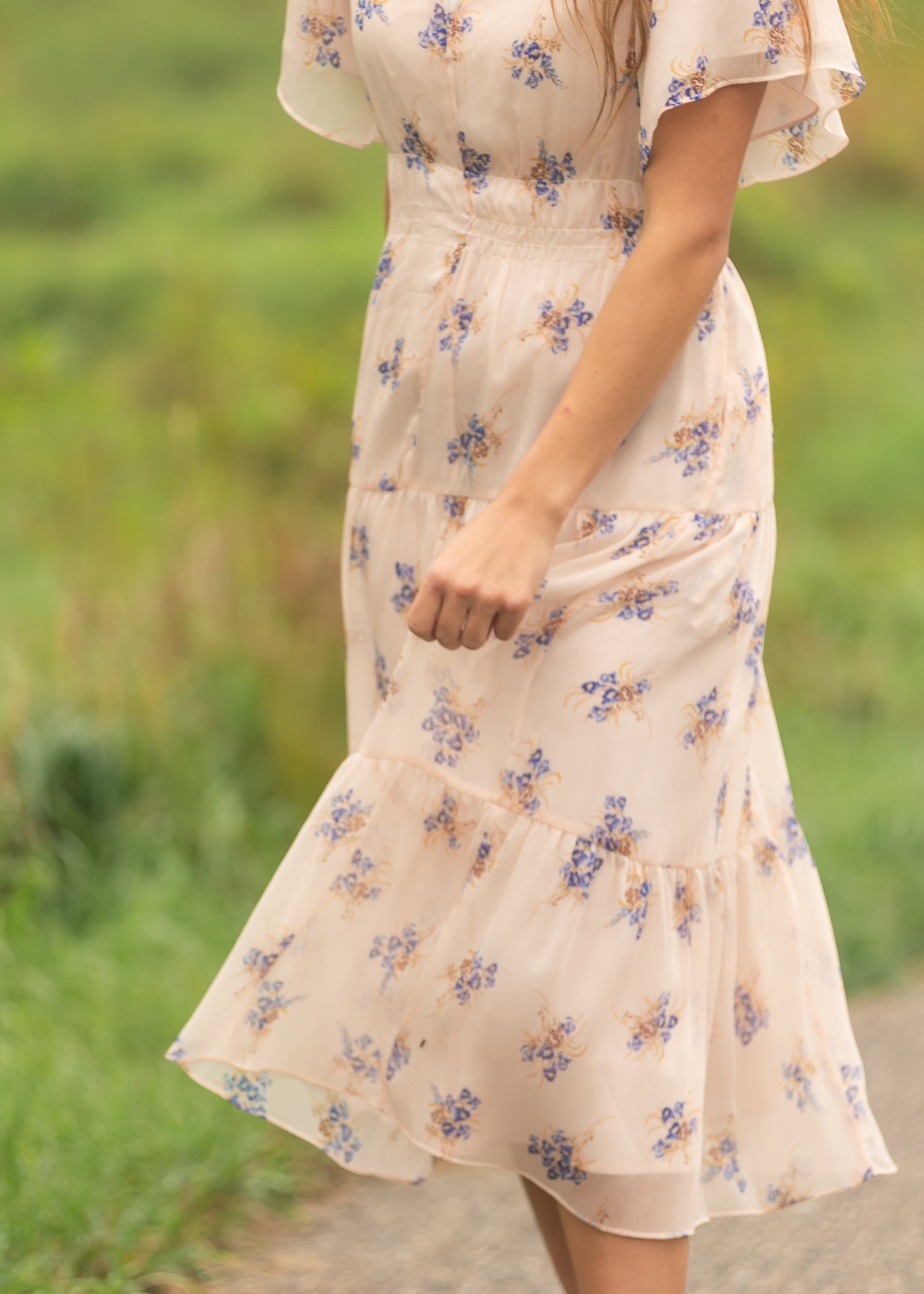 Inherit Co. Gina Pink Floral Short Sleeve Tiered Midi Dress — color detail