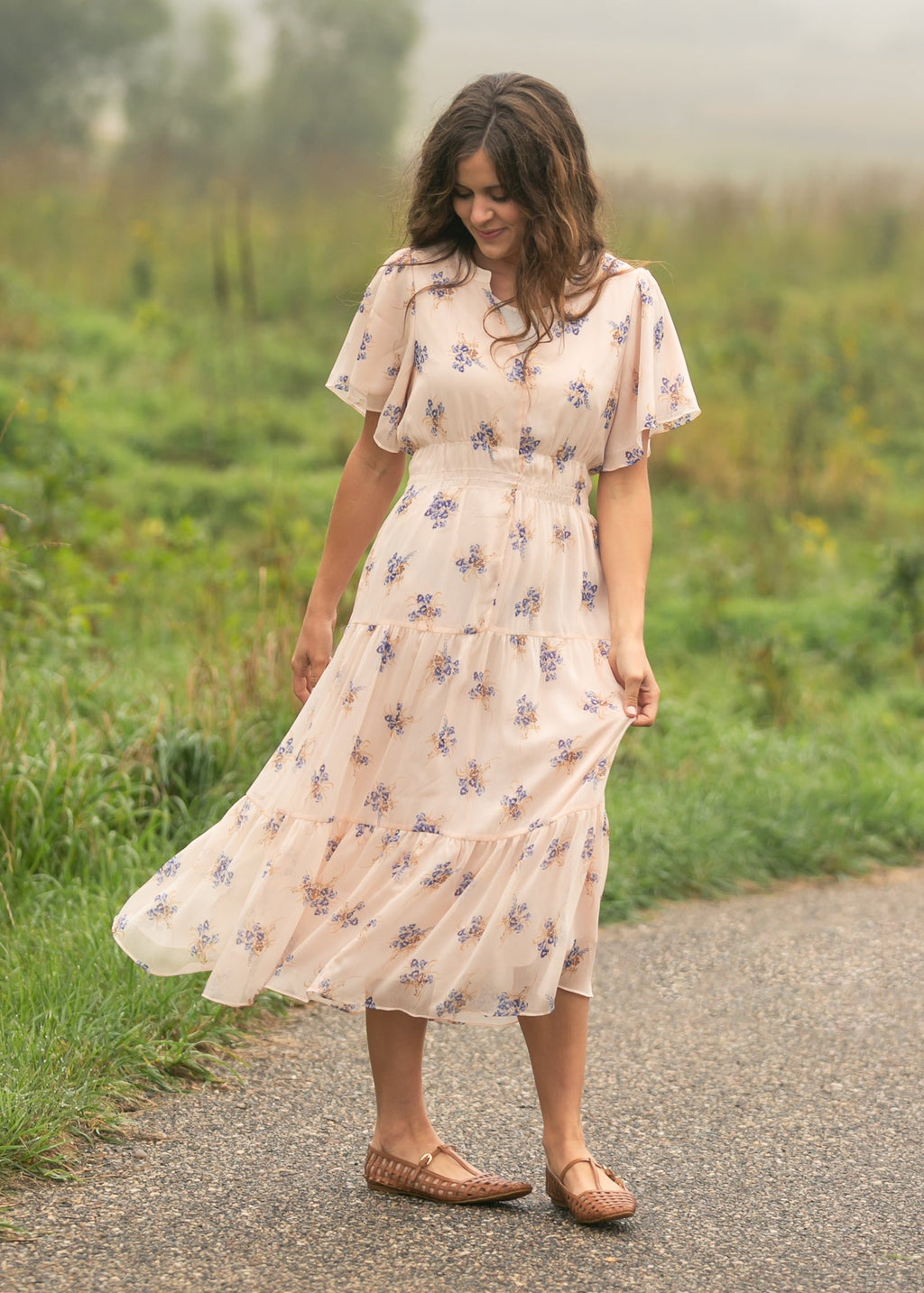 Inherit Co. Gina Pink Floral Short Sleeve Tiered Midi Dress — alternative angle