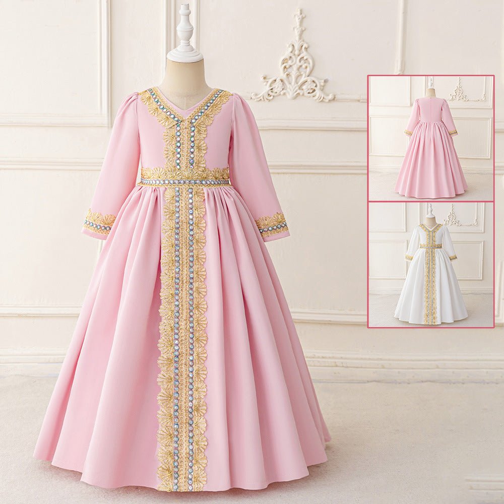 Girls Embroidered Kaftan Dress with Jeweled Belt(MKG021)