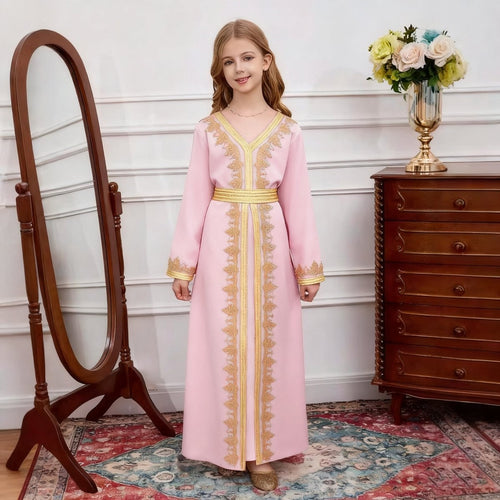 Girls V-Neck Patchwork Lace Kid Abaya(MKG010)