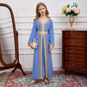 Girls V-Neck Patchwork Lace Kid Abaya(MKG010)