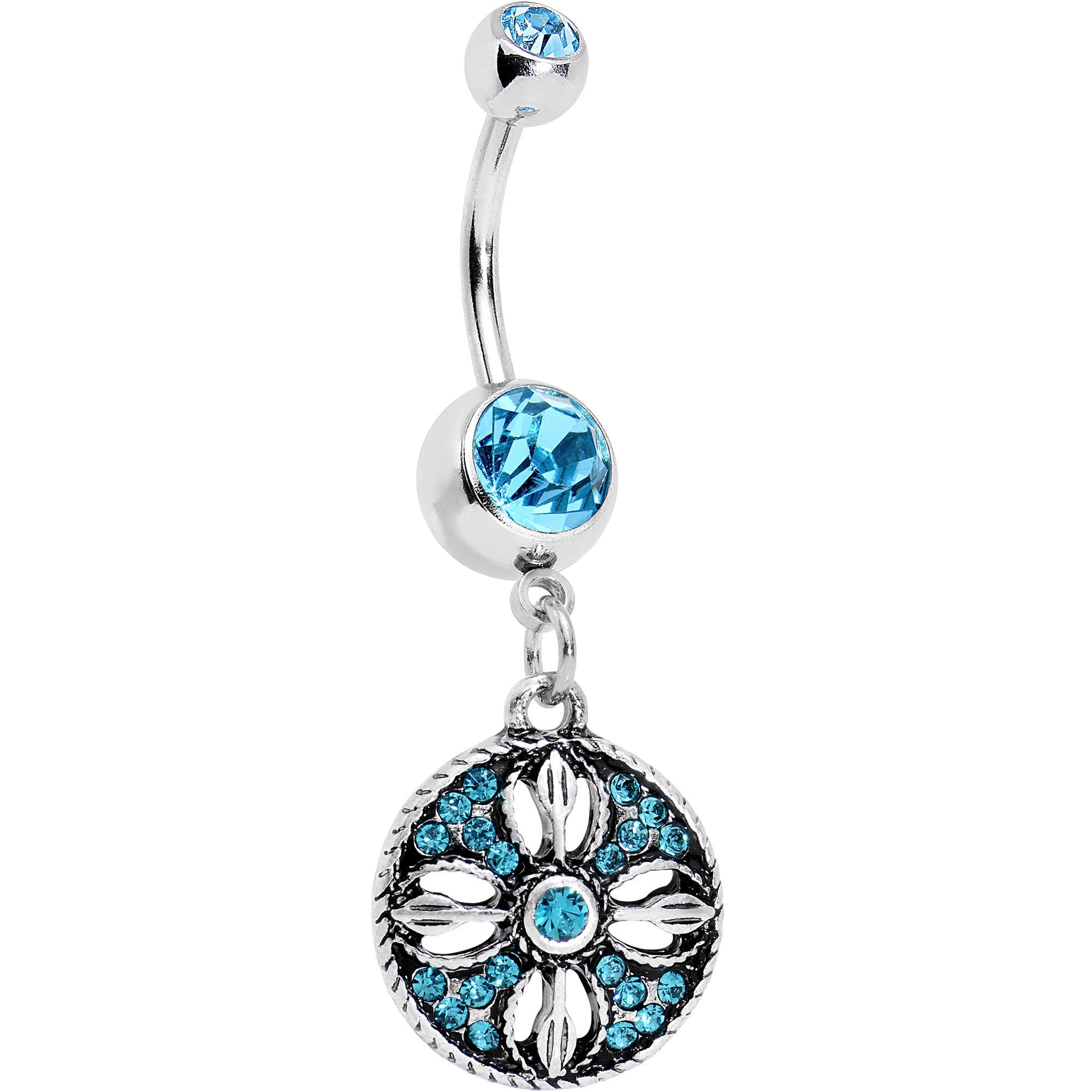BodyCandy Aqua Gem Southwestern Flowering Disc Dangle Belly Ring — main product shot