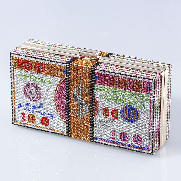 Mariam's Collection ‌Glamorous Fully Bedazzled Dollar Motif Evening Bag Party Clutch (MAC293) — Mariam's Collection branding close-up