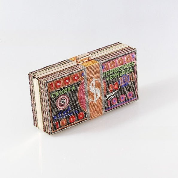 Mariam's Collection ‌Glamorous Fully Bedazzled Dollar Motif Evening Bag Party Clutch (MAC293) — product on model