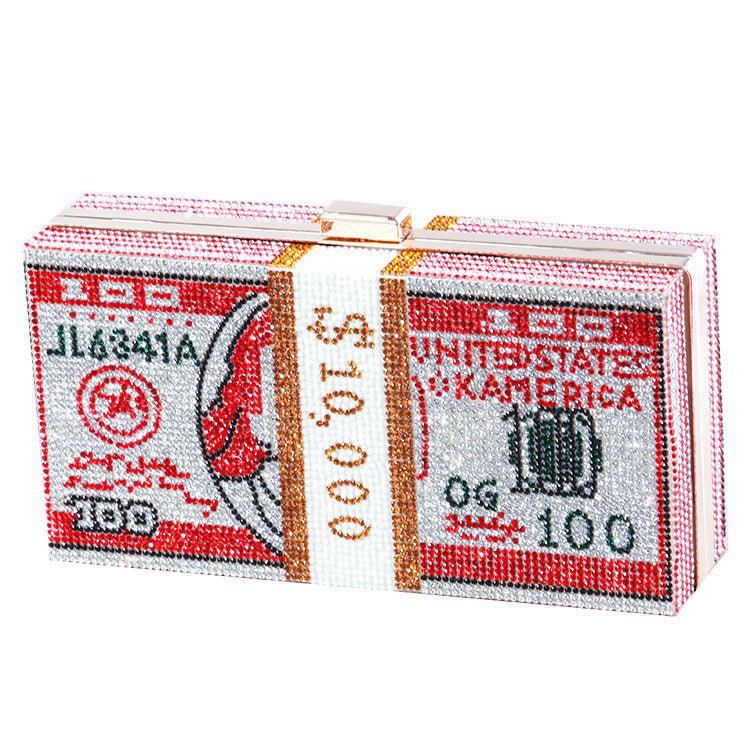 Mariam's Collection ‌Glamorous Fully Bedazzled Dollar Motif Evening Bag Party Clutch (MAC293) — lifestyle worn / used context
