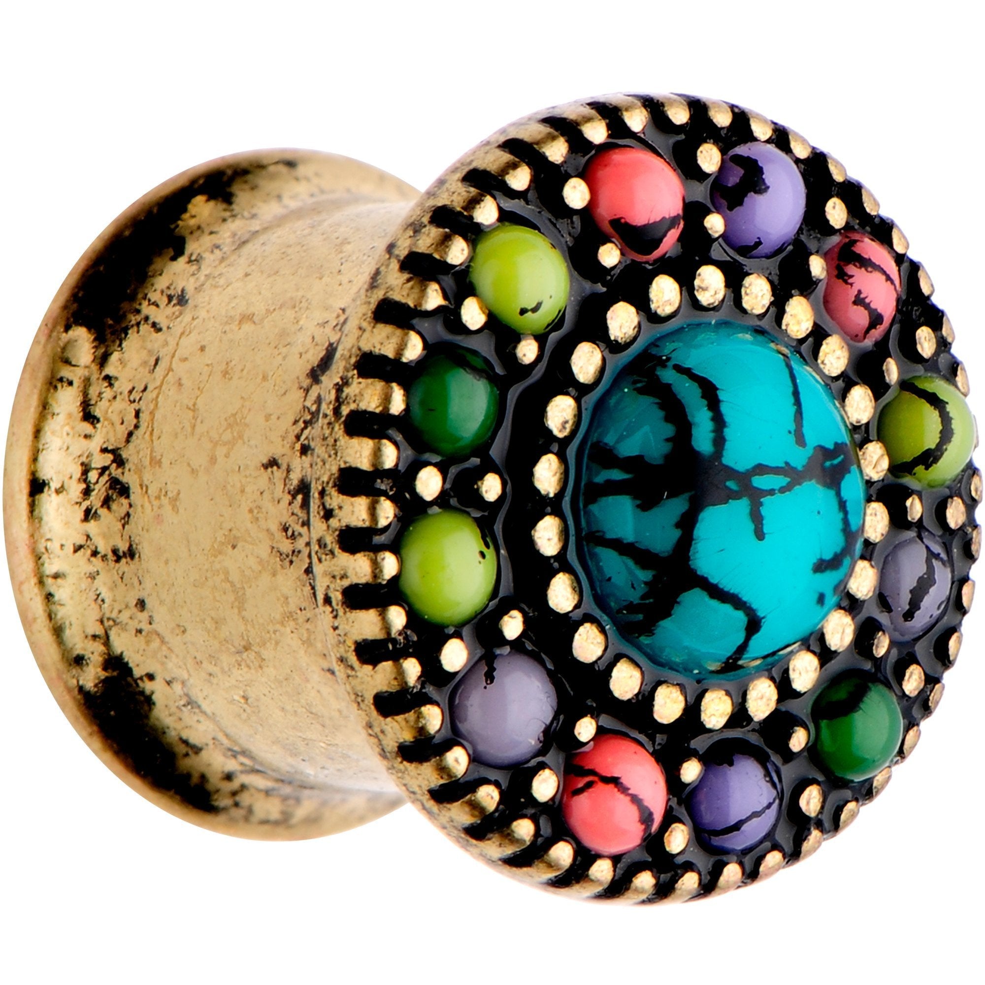 BodyCandy Gold Plated Southwestern Stone Age Double Flare Plug Set 2G to 22mm — detail close-up