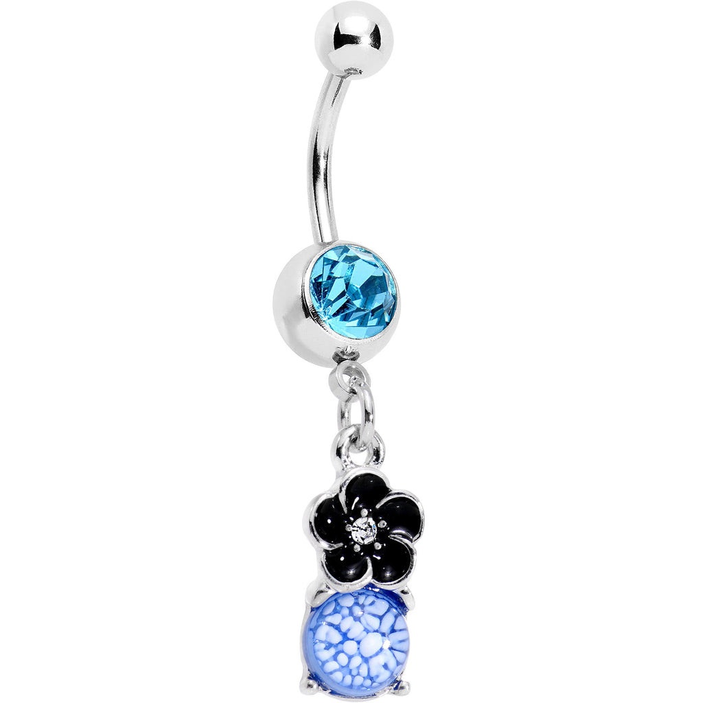 BodyCandy Aqua Gem Blue White Cracked Orb Black Garden Flower Dangle Belly Ring — main product shot