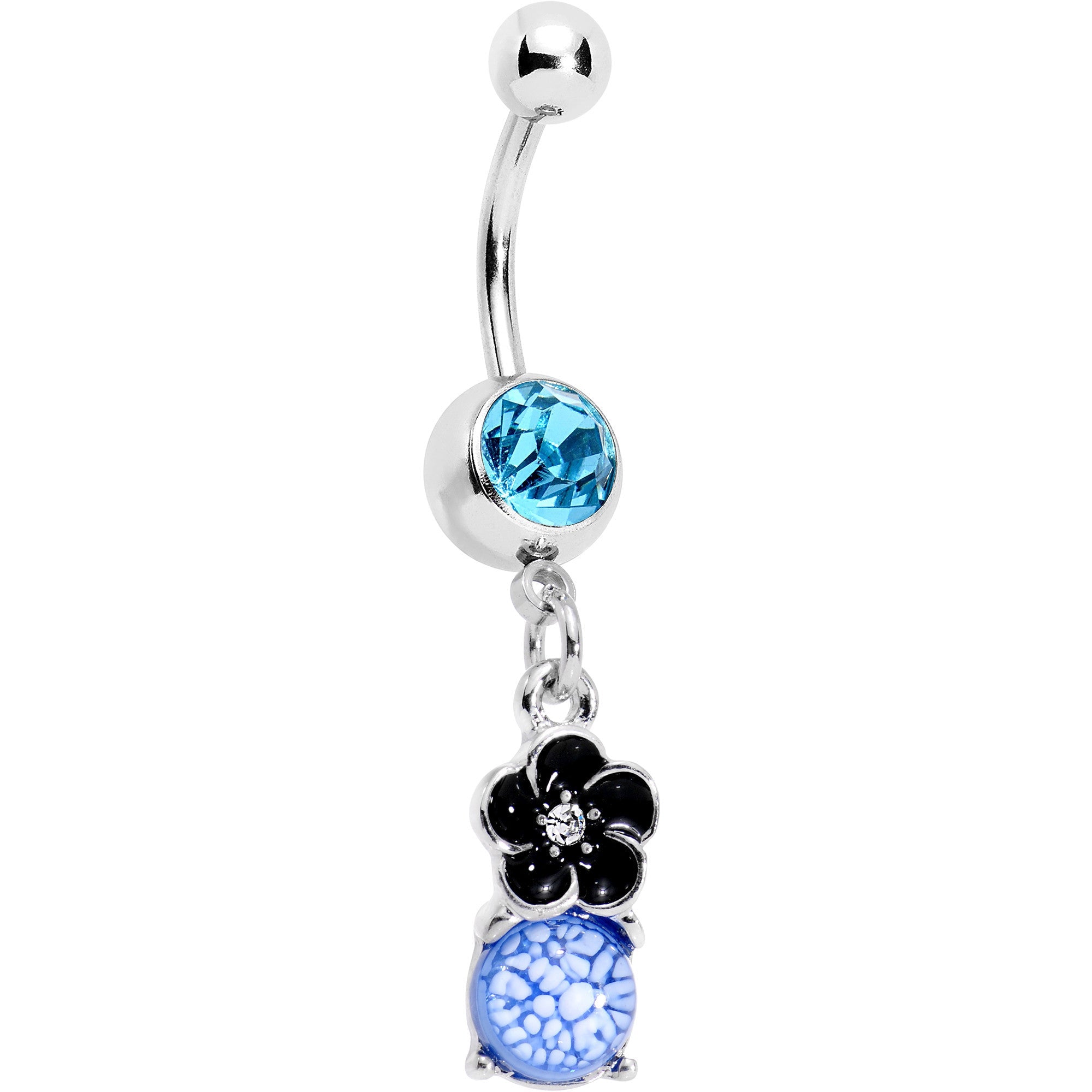 BodyCandy Aqua Gem Blue White Cracked Orb Black Garden Flower Dangle Belly Ring — main product shot
