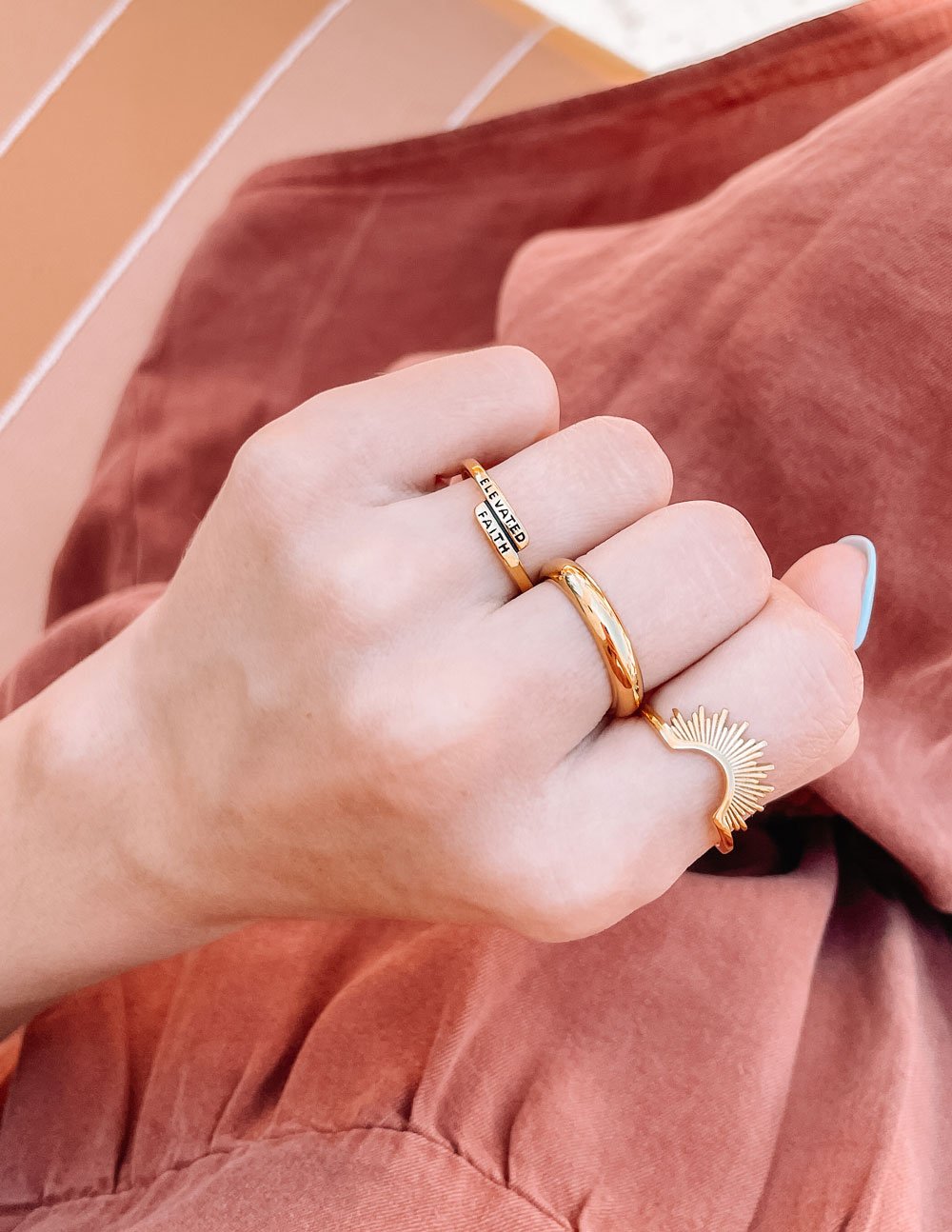 Elevated Faith Gold Band Ring — detail close-up