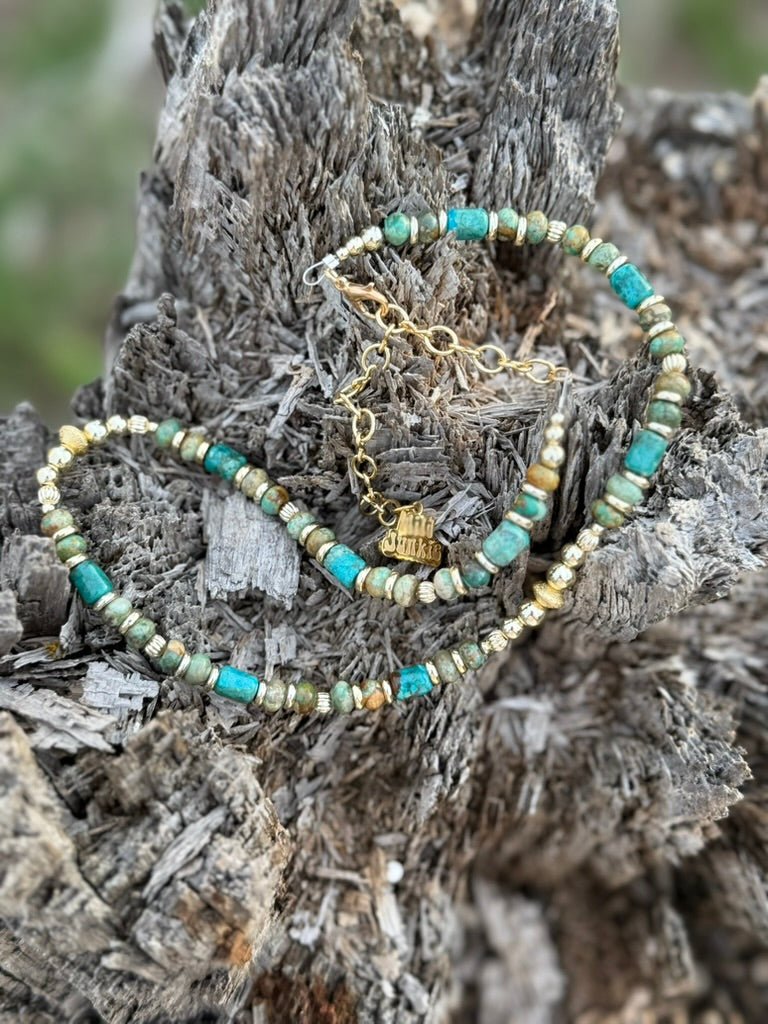 Wild Junkie Gold Desert Turquoise Beaded Necklace — lifestyle context