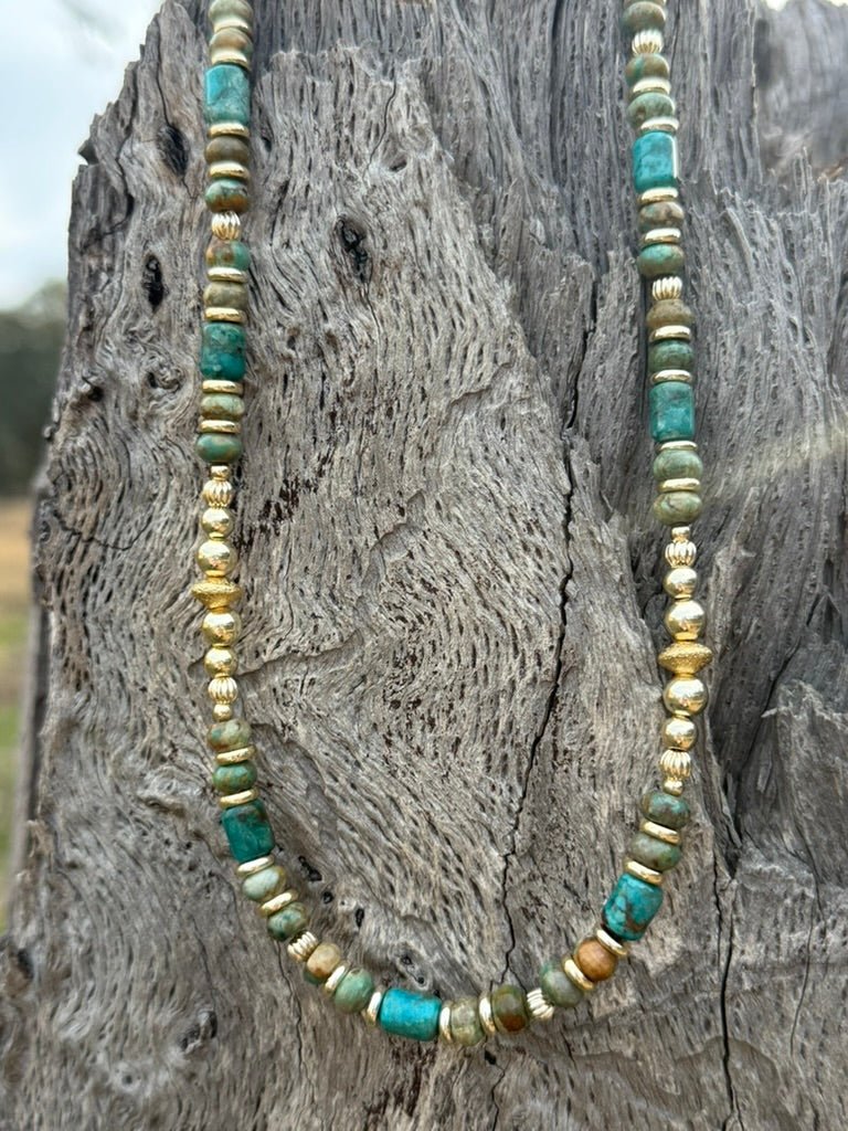 Wild Junkie Gold Desert Turquoise Beaded Necklace — detail close-up