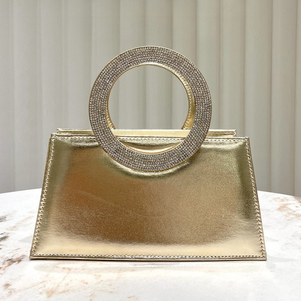 Mariam's Collection Gold Reflective Evening Clutch with Diamond-Studded Circular Handle (MAC294) — Gold detail