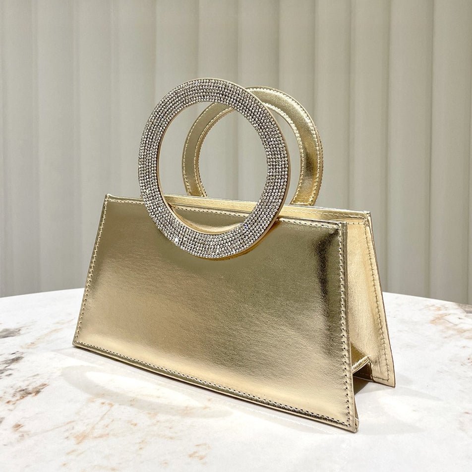 Mariam's Collection Gold Reflective Evening Clutch with Diamond-Studded Circular Handle (MAC294) — main product shot