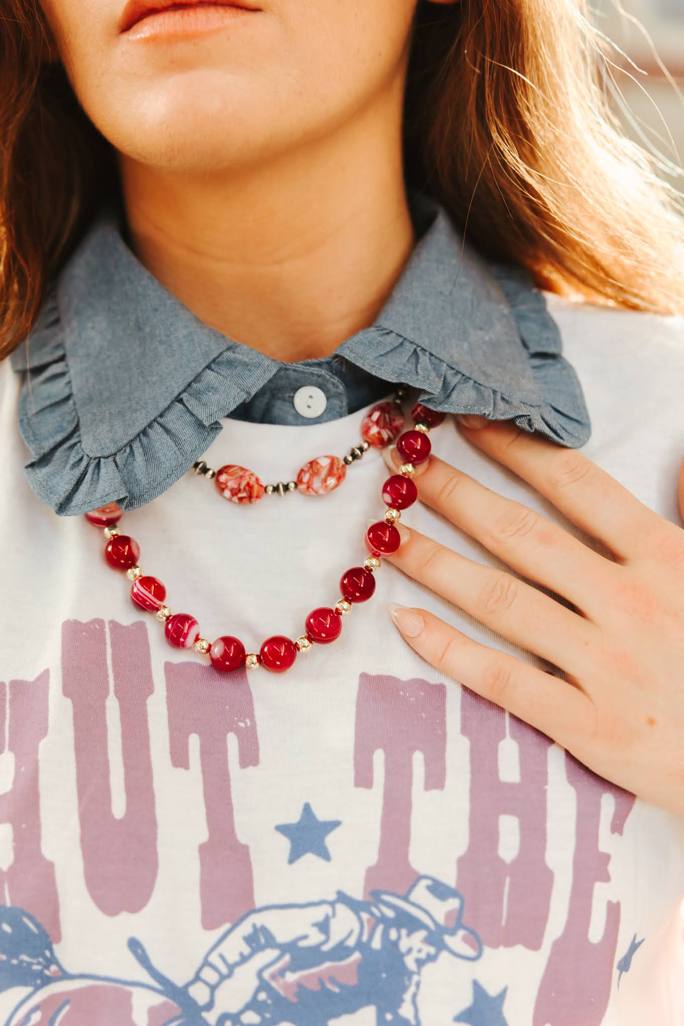 Wild Junkie Gold Wild Rose Agate Beaded Necklace — lifestyle context