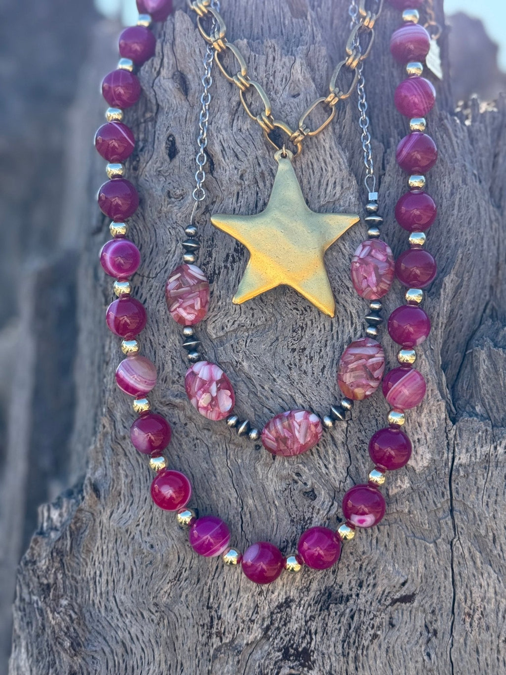 Wild Junkie Gold Wild Rose Agate Beaded Necklace — detail close-up