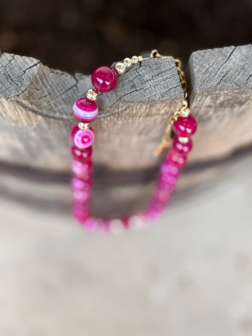 Wild Junkie Gold Wild Rose Agate Beaded Necklace — side view