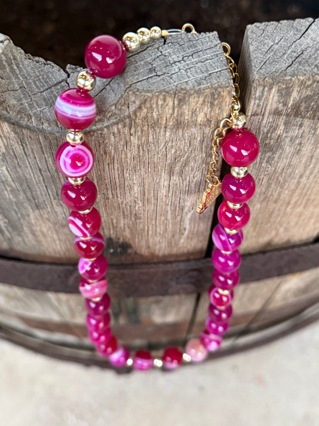 Wild Junkie Gold Wild Rose Agate Beaded Necklace — back view